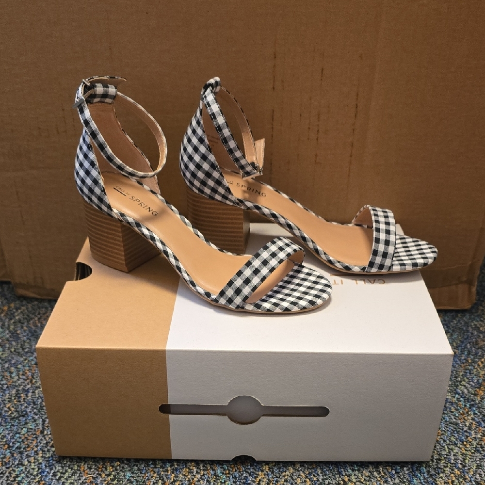 CALL IT SPRING Gingham Block Heel Sandals, Black/White, Size 6